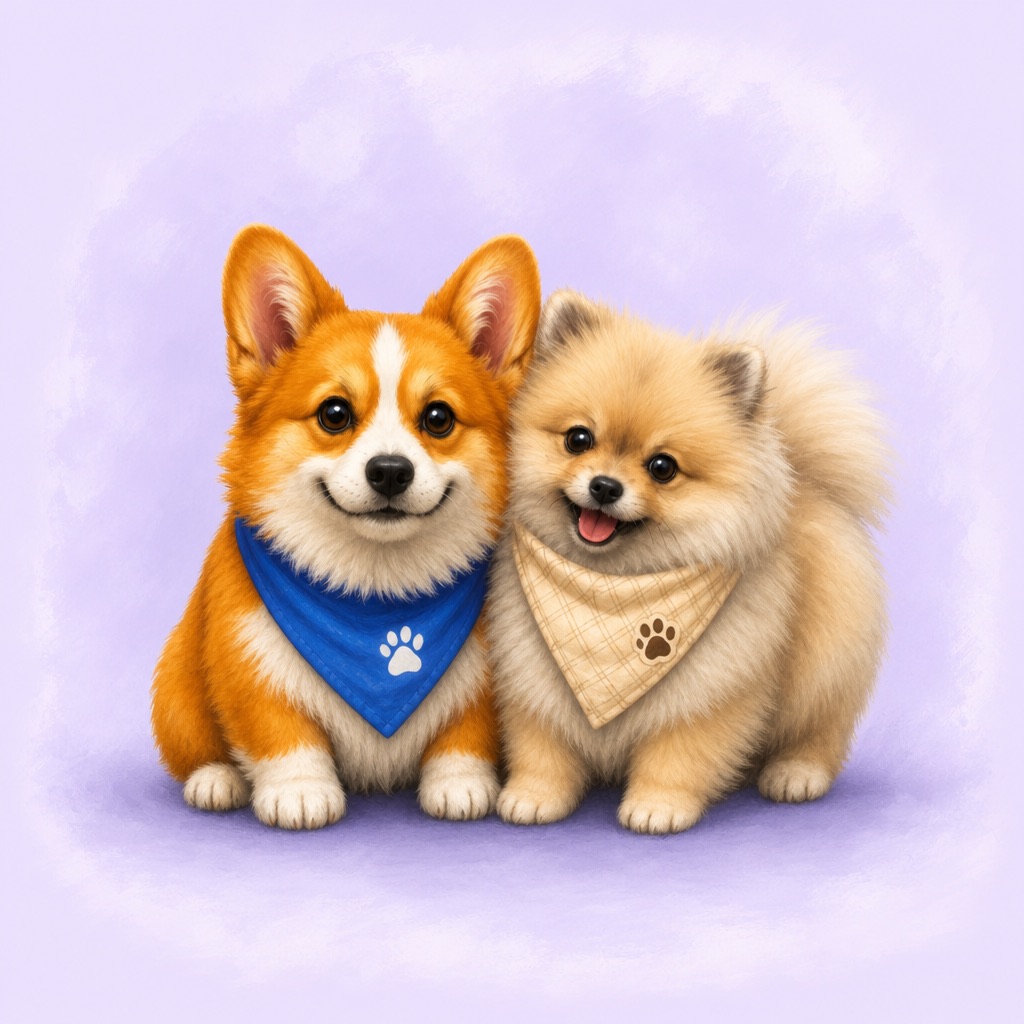 Woofly Corgi and Pomeranian side by side as one household pack