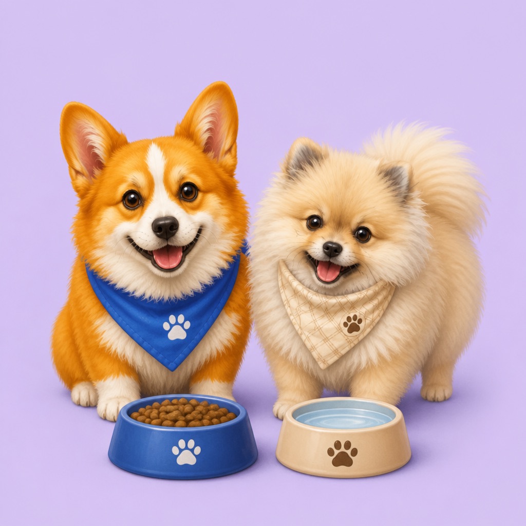 Woofly Corgi and Pomeranian with food and water bowls
