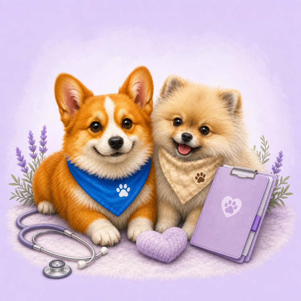 Woofly Corgi and Pomeranian with a stethoscope and care clipboard