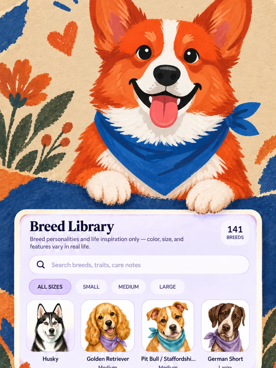 Woofly Breed Library screen with breed cards to browse