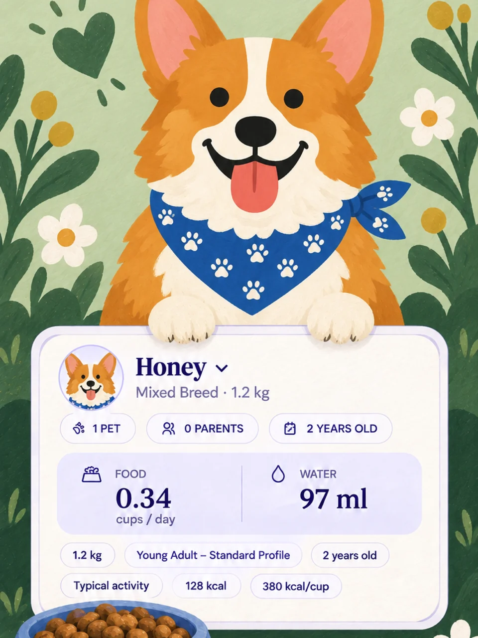 Woofly dog profile screen with daily food and water amounts