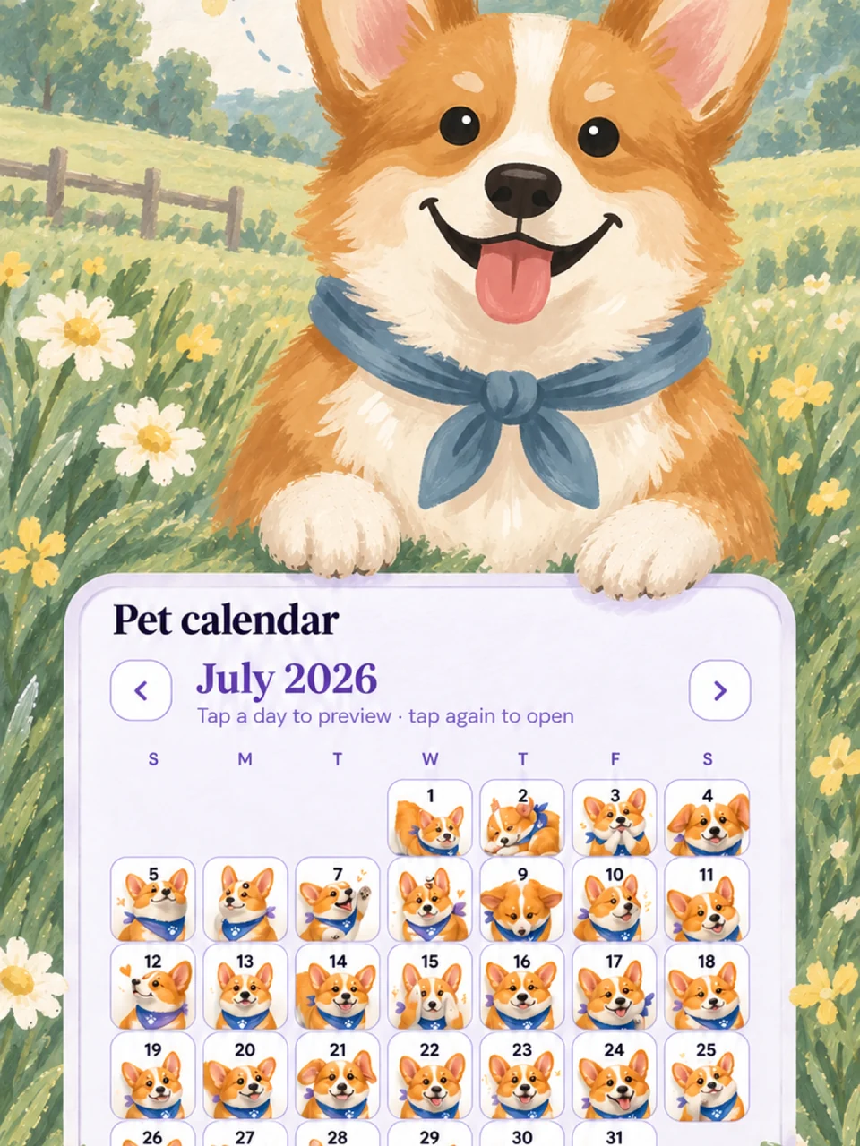 Woofly pet calendar screen with every day of the month marked