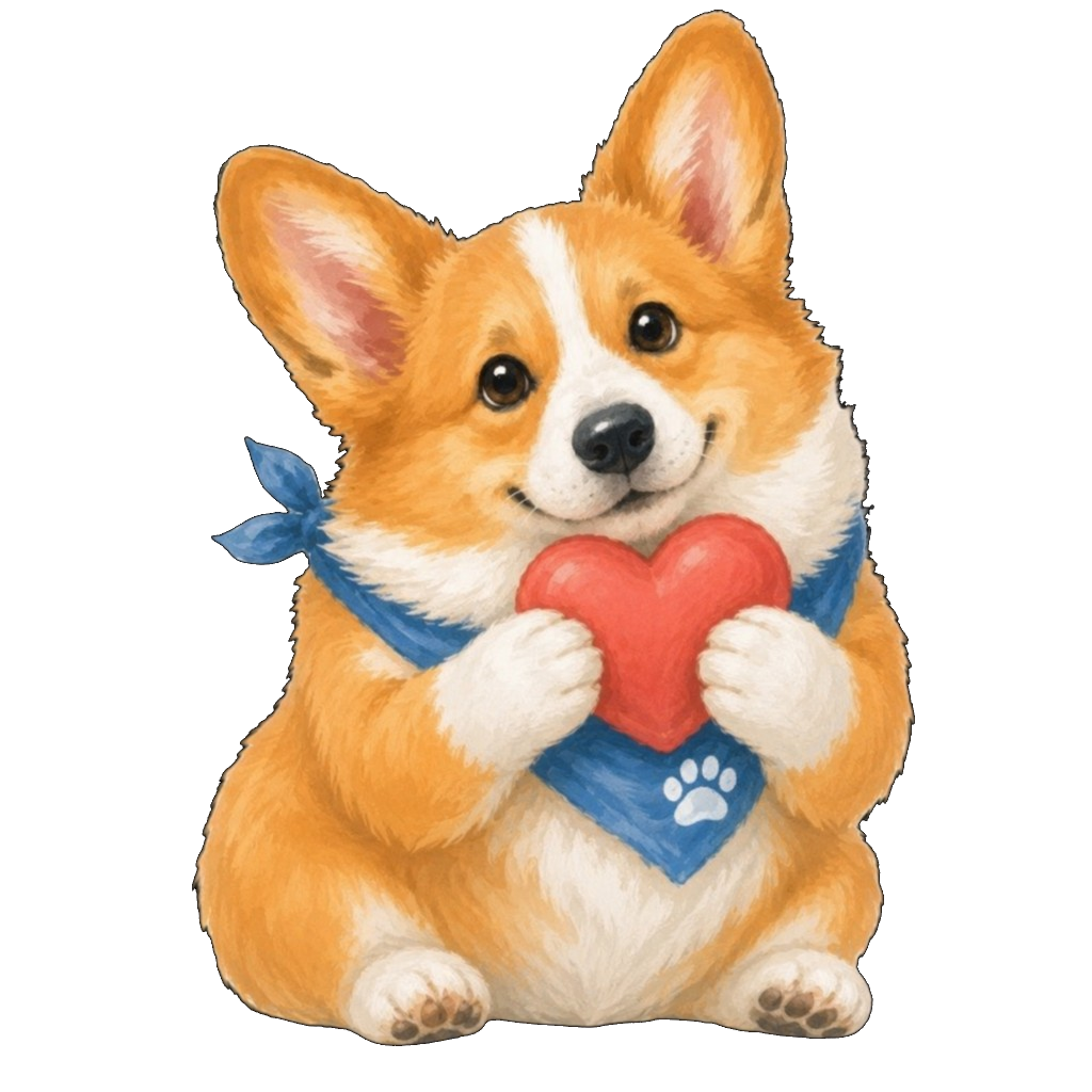 Woofly corgi mascot with a blue bandana holding a red heart